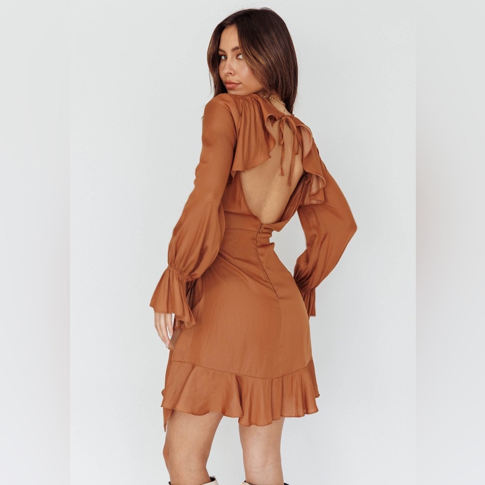 Selfie Leslie Ruffled Darla Long Sleeve Festival Satin Tan Dress